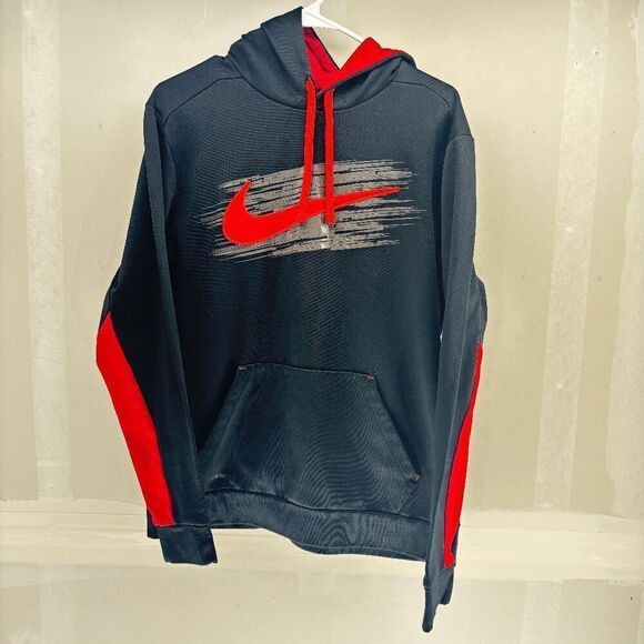 Nike Therma Fit Men's Medium Red Center Swoosh Black Red Hoodie Long Sleeve - Picture 1 of 5